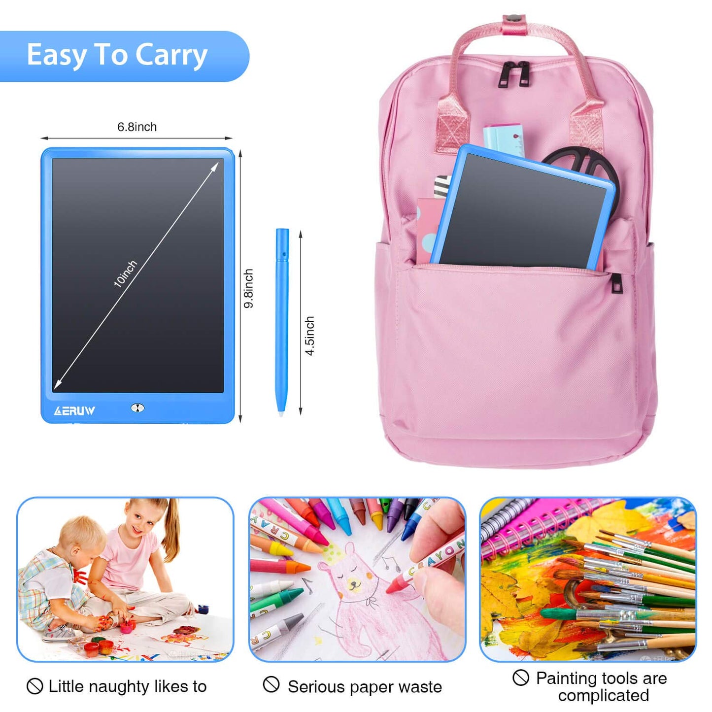 ERUW LCD Writing Tablet 10-Inch Colorful Doodle Board with Memory Lock (Blue)