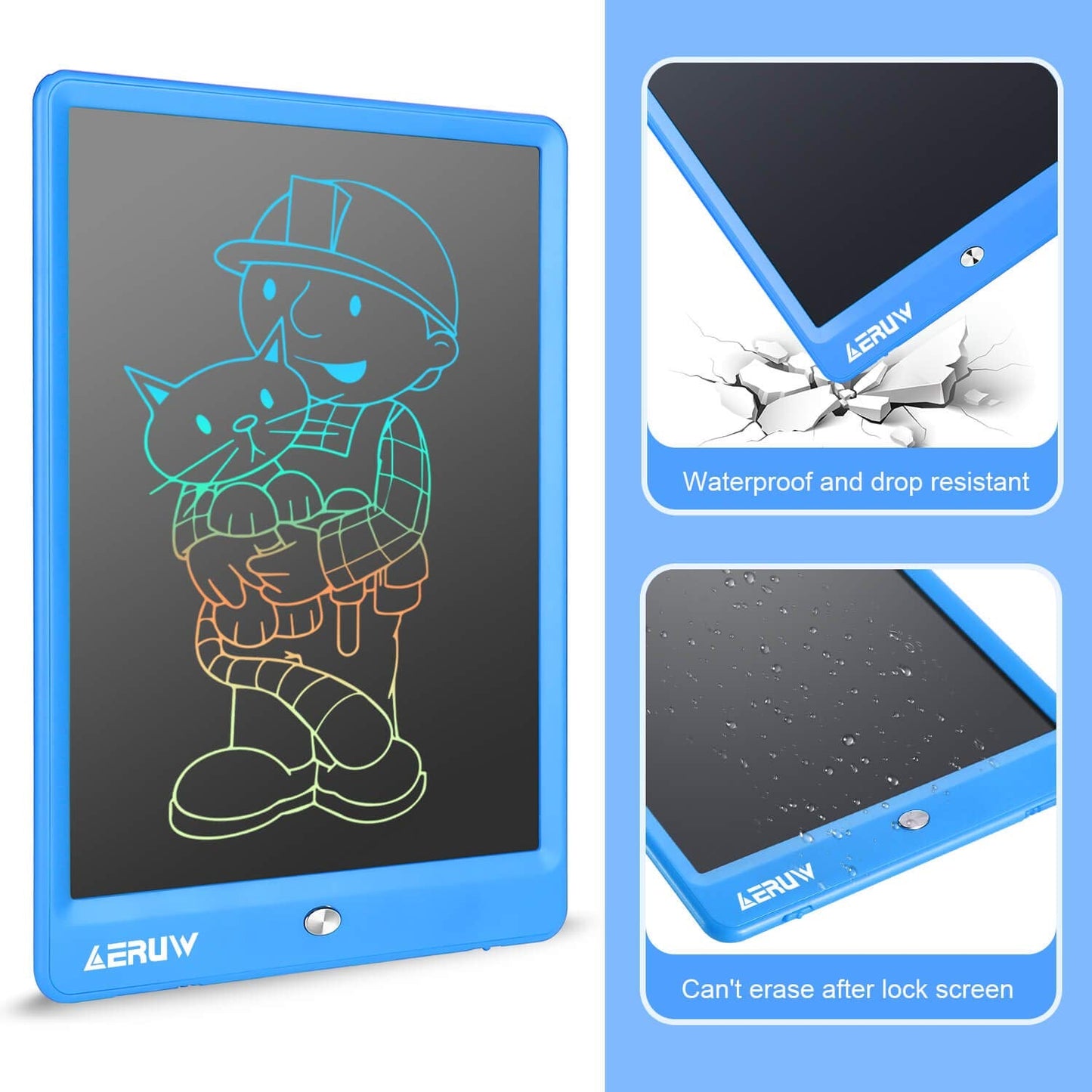 ERUW LCD Writing Tablet 10-Inch Colorful Doodle Board with Memory Lock (Blue)