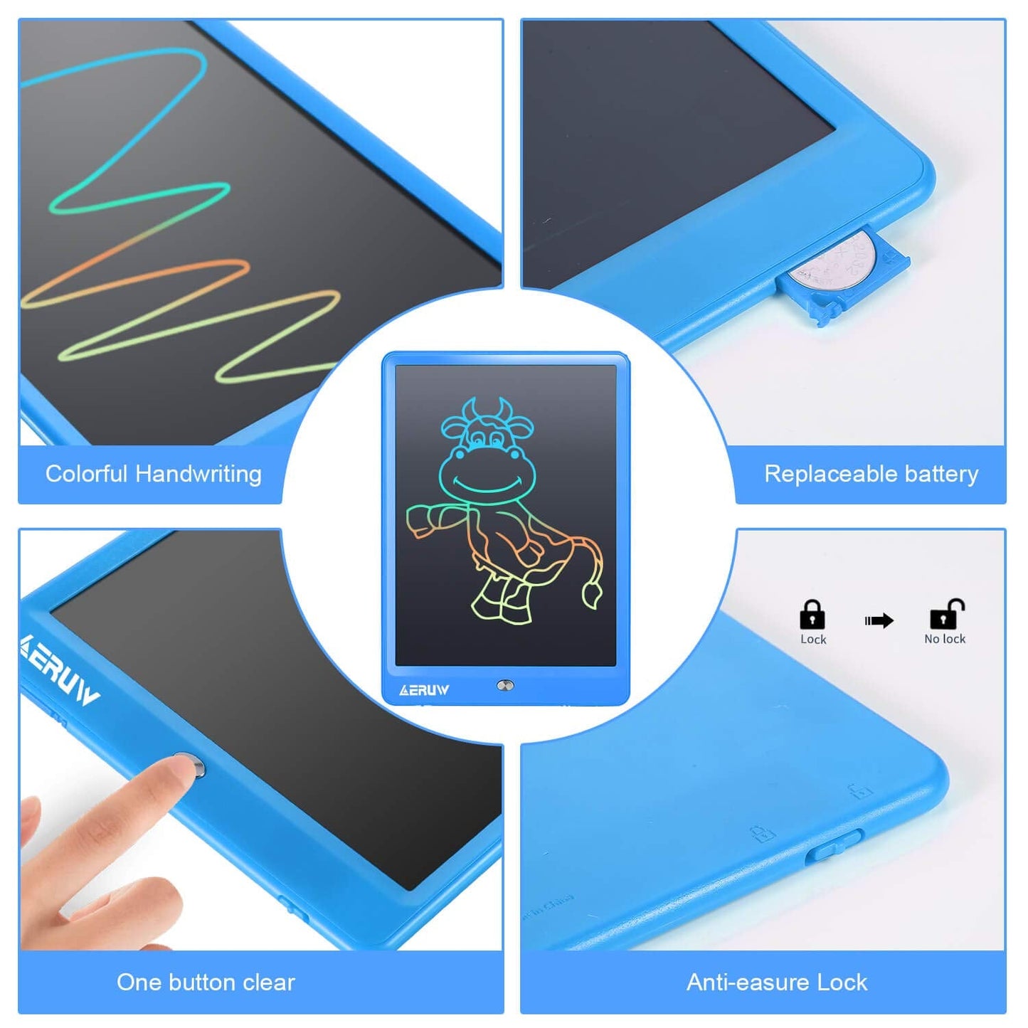 ERUW LCD Writing Tablet 10-Inch Colorful Doodle Board with Memory Lock (Blue)