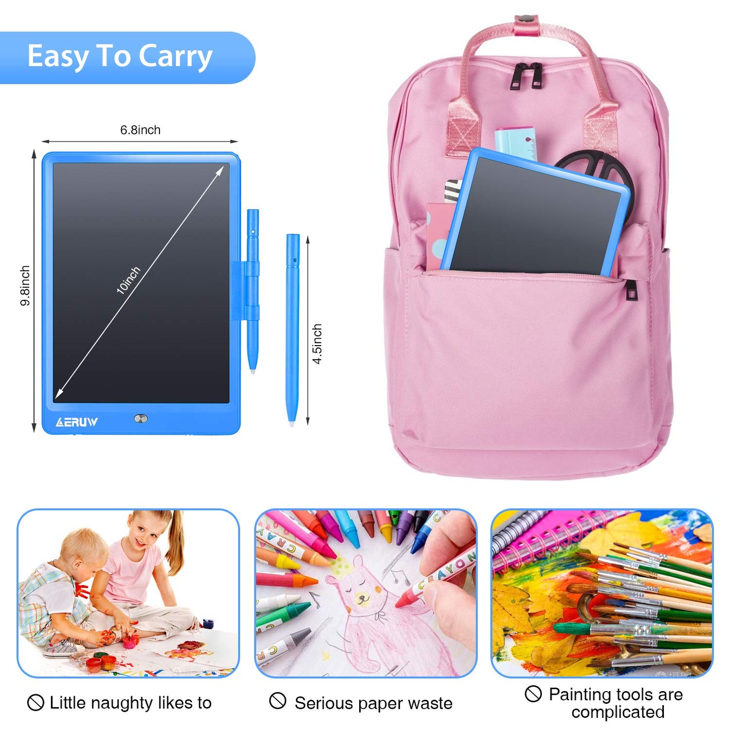 ERUW LCD Writing Tablet 10-Inch Colorful Doodle Board with Memory Lock (Blue)