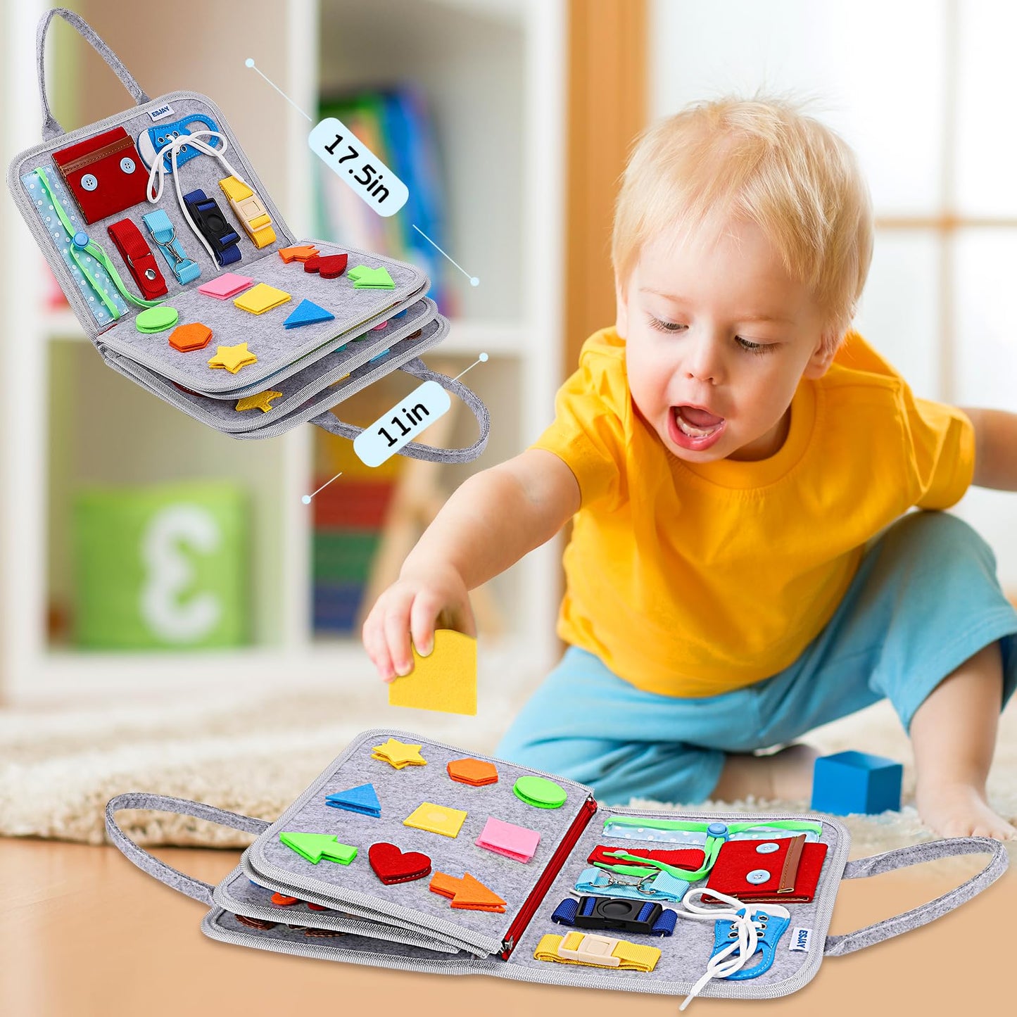Esjay Toddler Busy Board Montessori Toy – Grey Dinosaur, Fine Motor Skills & Travel Sensory Book
