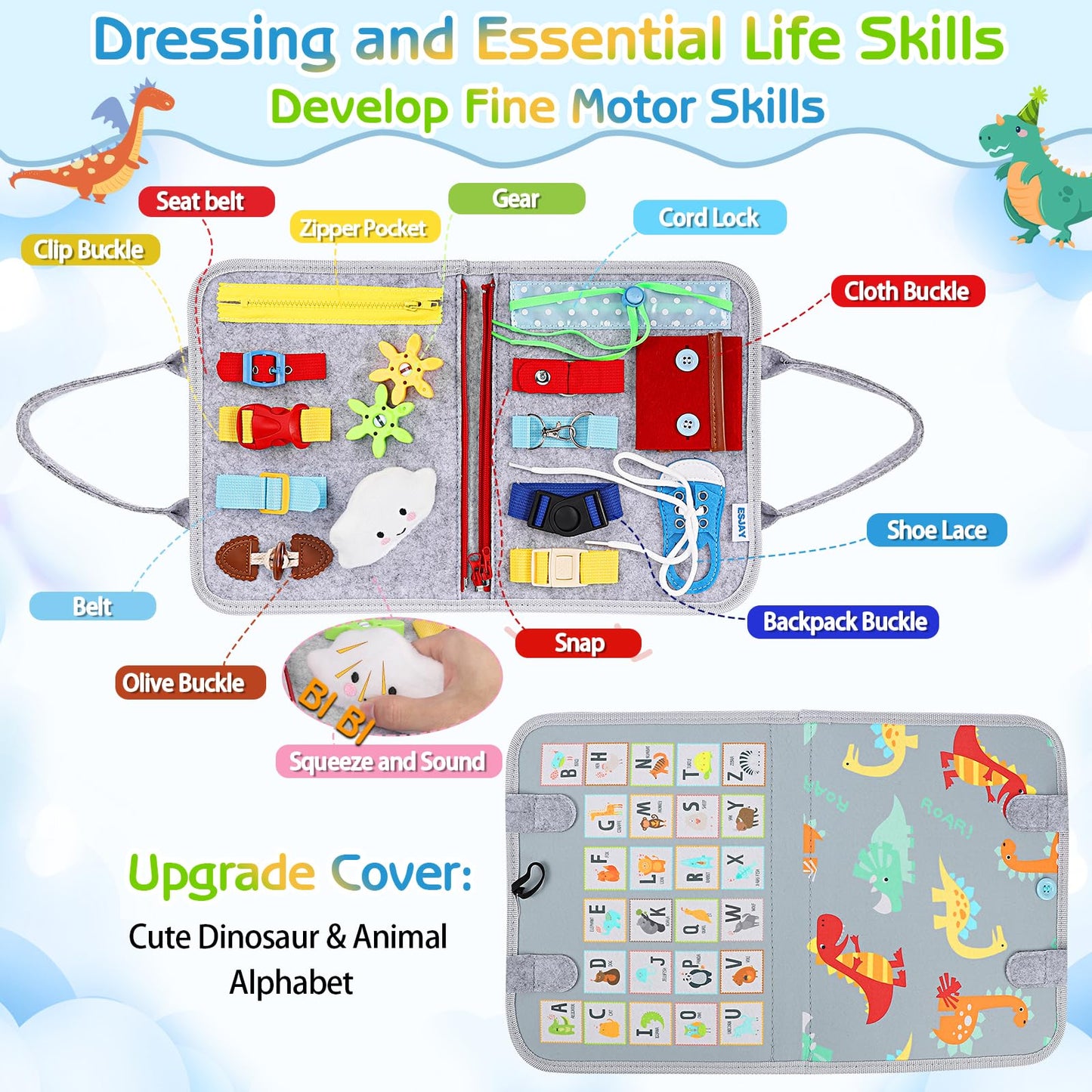 Esjay Toddler Busy Board Montessori Toy – Grey Dinosaur, Fine Motor Skills & Travel Sensory Book