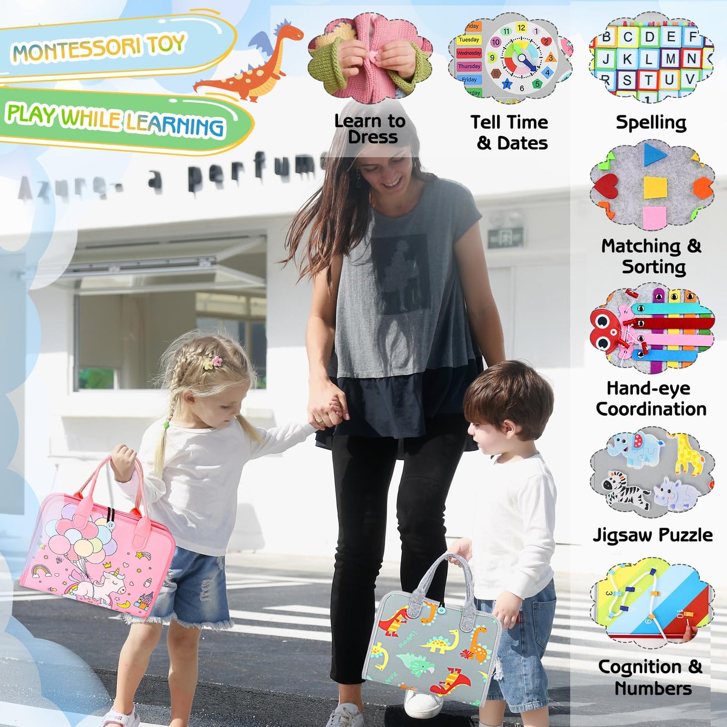 Esjay Toddler Busy Board Montessori Toy – Grey Dinosaur, Fine Motor Skills & Travel Sensory Book