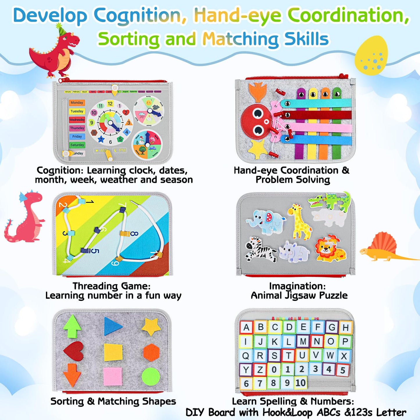 Esjay Toddler Busy Board Montessori Toy – Grey Dinosaur, Fine Motor Skills & Travel Sensory Book