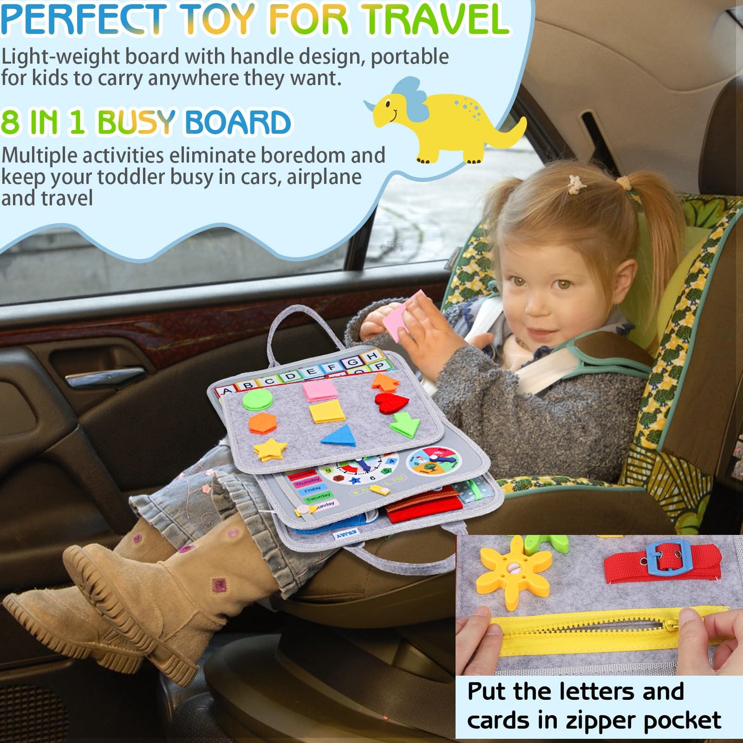 Esjay Toddler Busy Board Montessori Toy – Grey Dinosaur, Fine Motor Skills & Travel Sensory Book