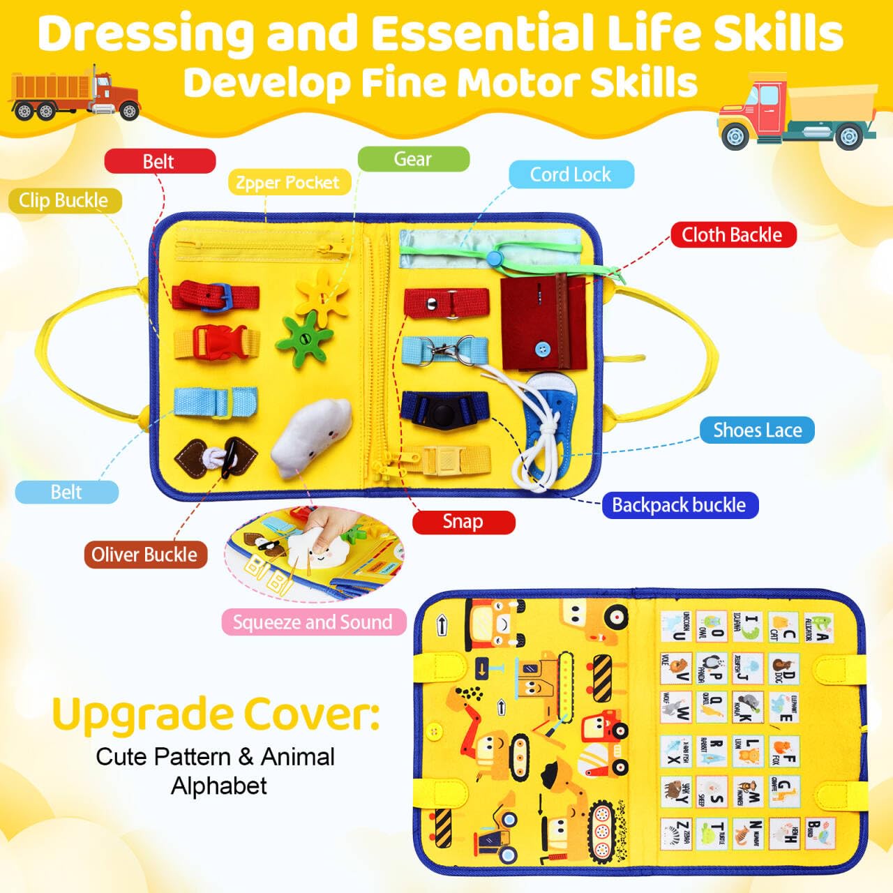 Esjay Toddler Busy Board Montessori Toys — Fine Motor Skills & Travel Activities (Yellow Truck)