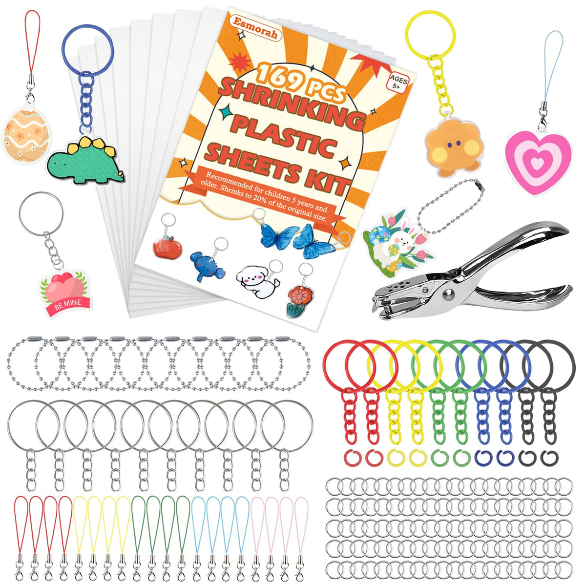 Esmorah 169PCS Shrink Dink Sheets Keychain Kit – DIY Craft Set with 8 Sheets, Rings, Jump Rings, Ball Chains & Hole Punch