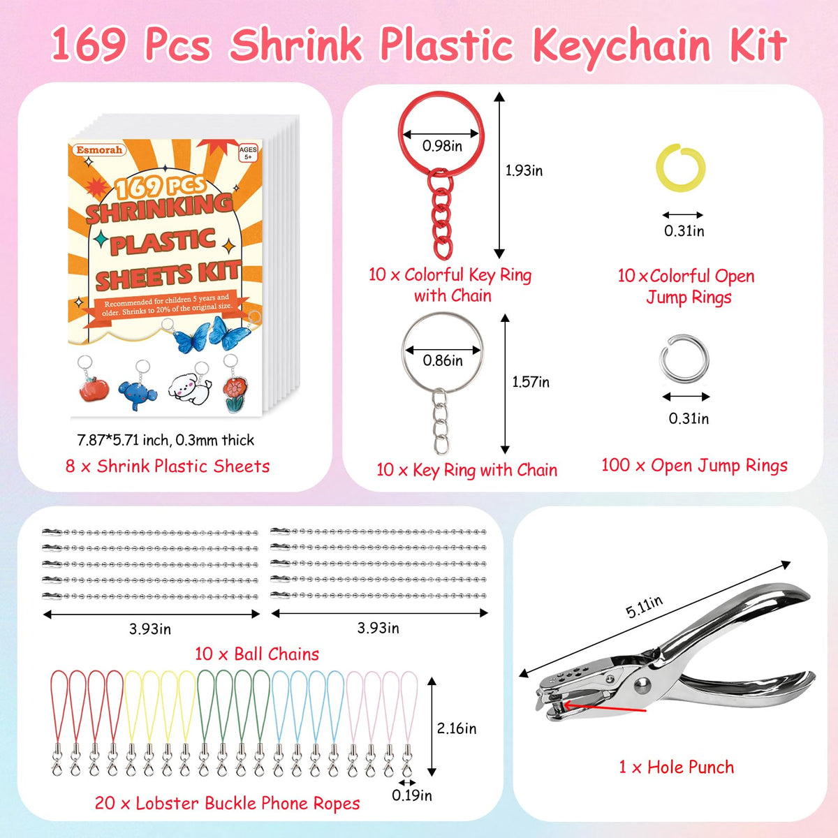 Esmorah 169PCS Shrink Dink Sheets Keychain Kit – DIY Craft Set with 8 Sheets, Rings, Jump Rings, Ball Chains & Hole Punch