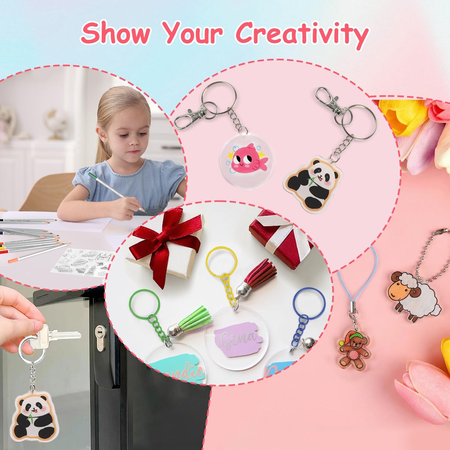 Esmorah 242PCS Shrink Dink Sheet Keychain Kit with 20 Sheets & Color Pencils – DIY Craft Set for Kids & Adults
