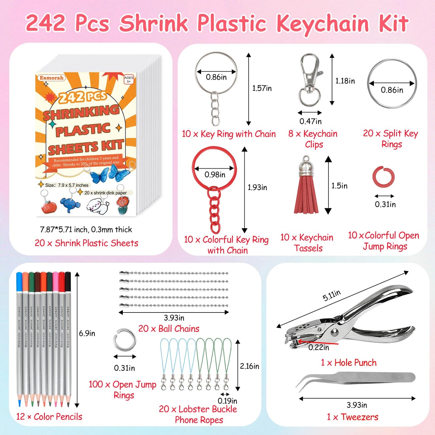 Esmorah 242PCS Shrink Dink Sheet Keychain Kit with 20 Sheets & Color Pencils – DIY Craft Set for Kids & Adults