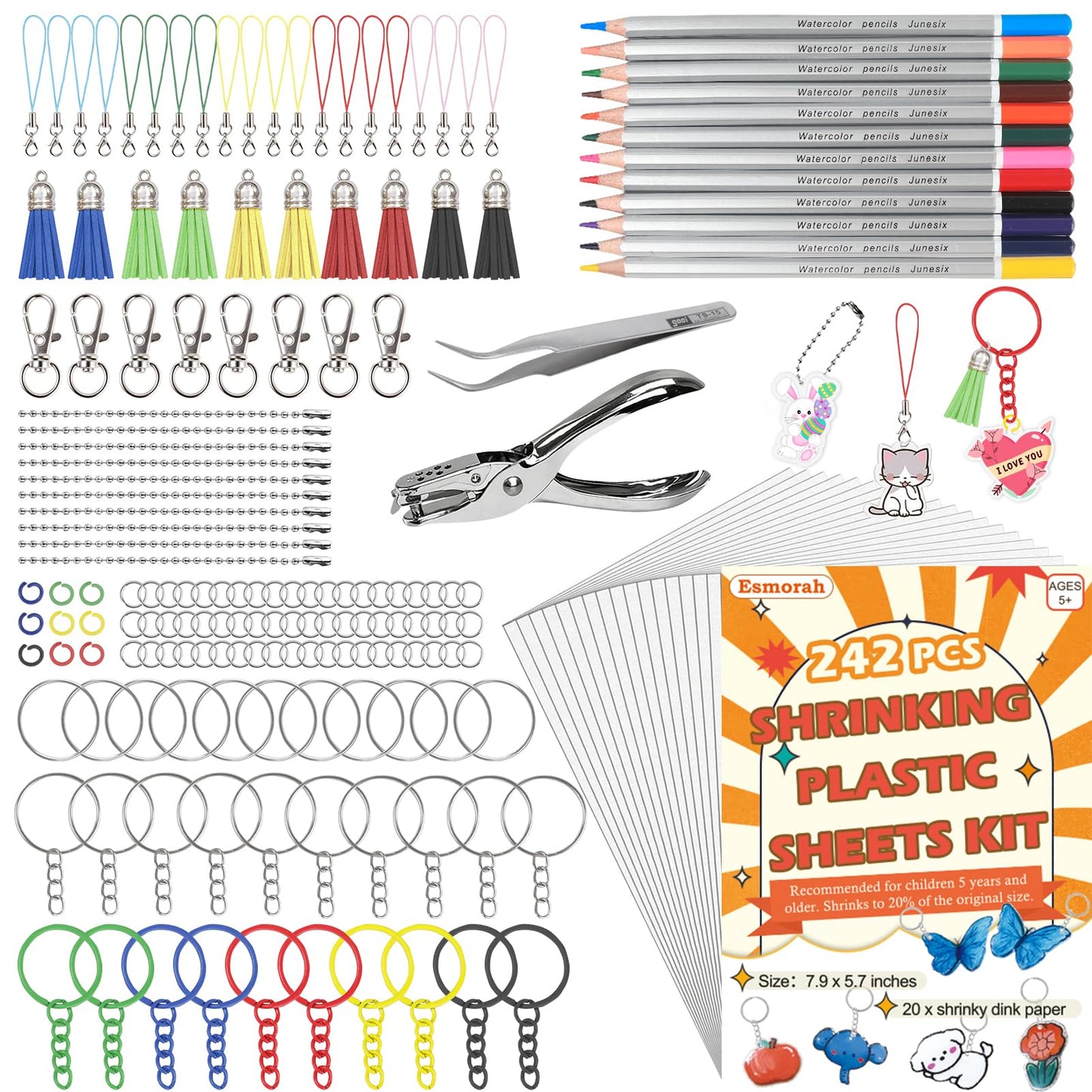 Esmorah 242PCS Shrink Dink Sheet Keychain Kit with 20 Sheets & Color Pencils – DIY Craft Set for Kids & Adults