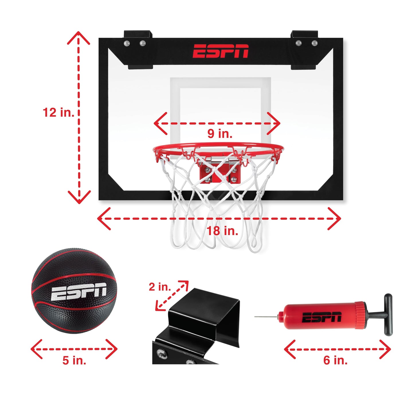 ESPN Mini Basketball Hoop — Over-The-Door with Foldable Breakaway Rim (Includes 2 Mini Balls & Pump)
