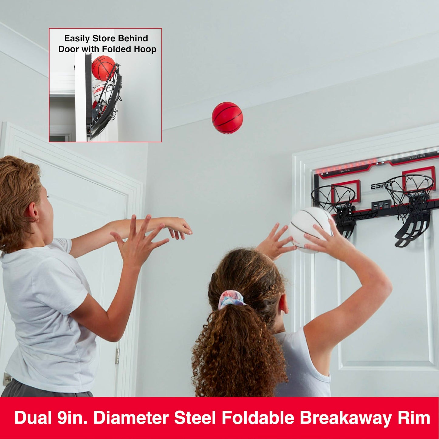 ESPN Pro Competition Dual Over The Door Basketball Hoop – 29-inch Backboard, 2 Foldable Rims, Ball Return