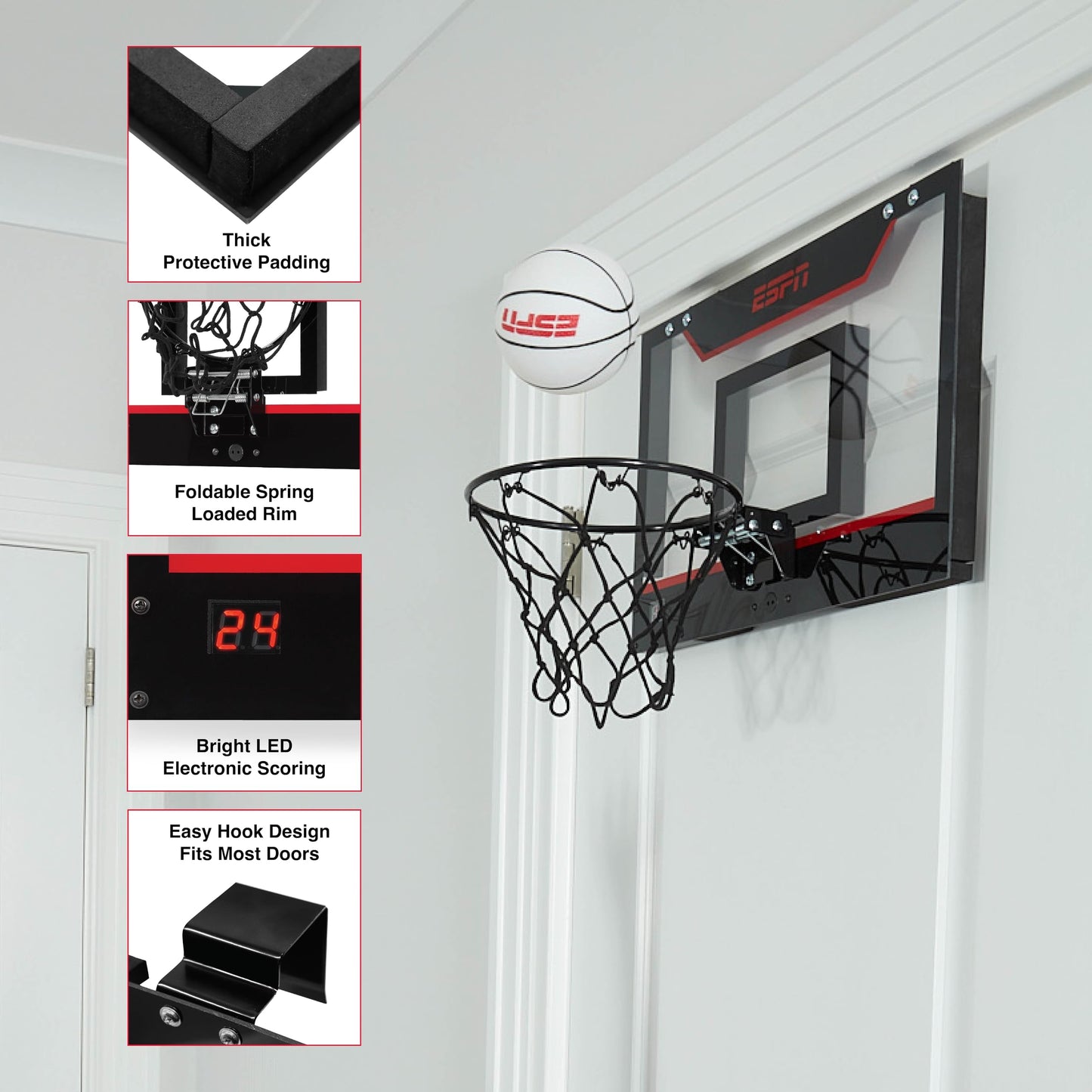 ESPN Mini Basketball Hoop – Over-The-Door with Foldable Rim & Scoreboard