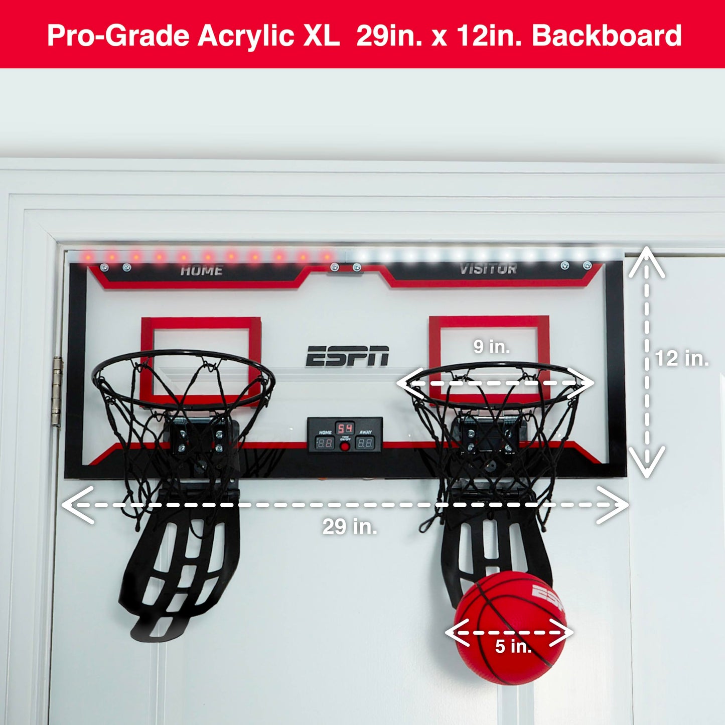 ESPN Pro Competition Dual Over The Door Basketball Hoop – 29-inch Backboard, 2 Foldable Rims, Ball Return