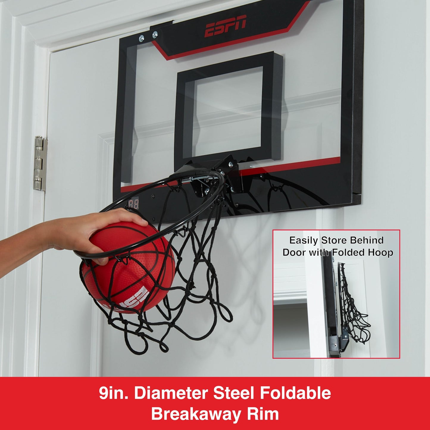 ESPN Mini Basketball Hoop – Over-The-Door with Foldable Rim & Scoreboard