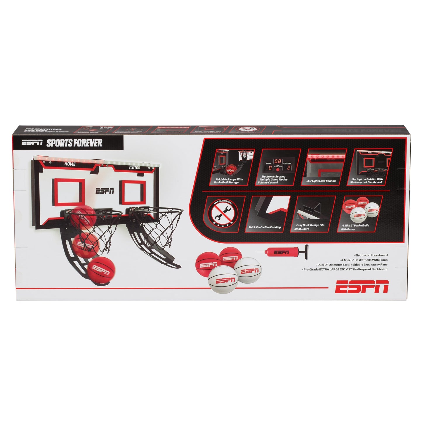 ESPN Pro Competition Dual Over The Door Basketball Hoop – 29-inch Backboard, 2 Foldable Rims, Ball Return