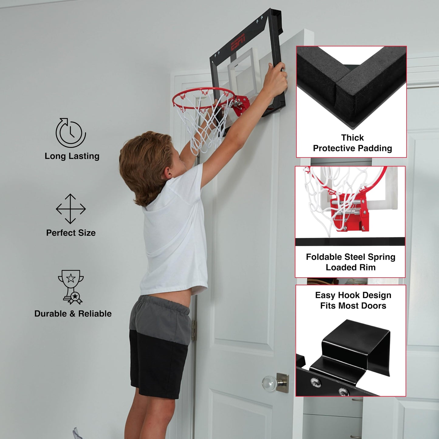 ESPN Mini Basketball Hoop — Over-The-Door with Foldable Breakaway Rim (Includes 2 Mini Balls & Pump)
