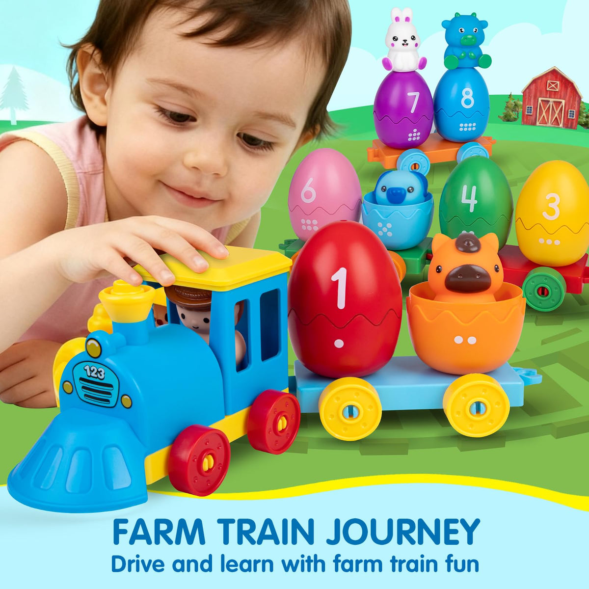 ESPRAY Toddler Farm Train Set — Count, Match & Sort with 8 Animals & 1 Farmer
