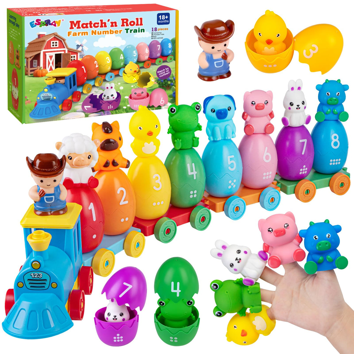 ESPRAY Toddler Farm Train Set — Count, Match & Sort with 8 Animals & 1 Farmer