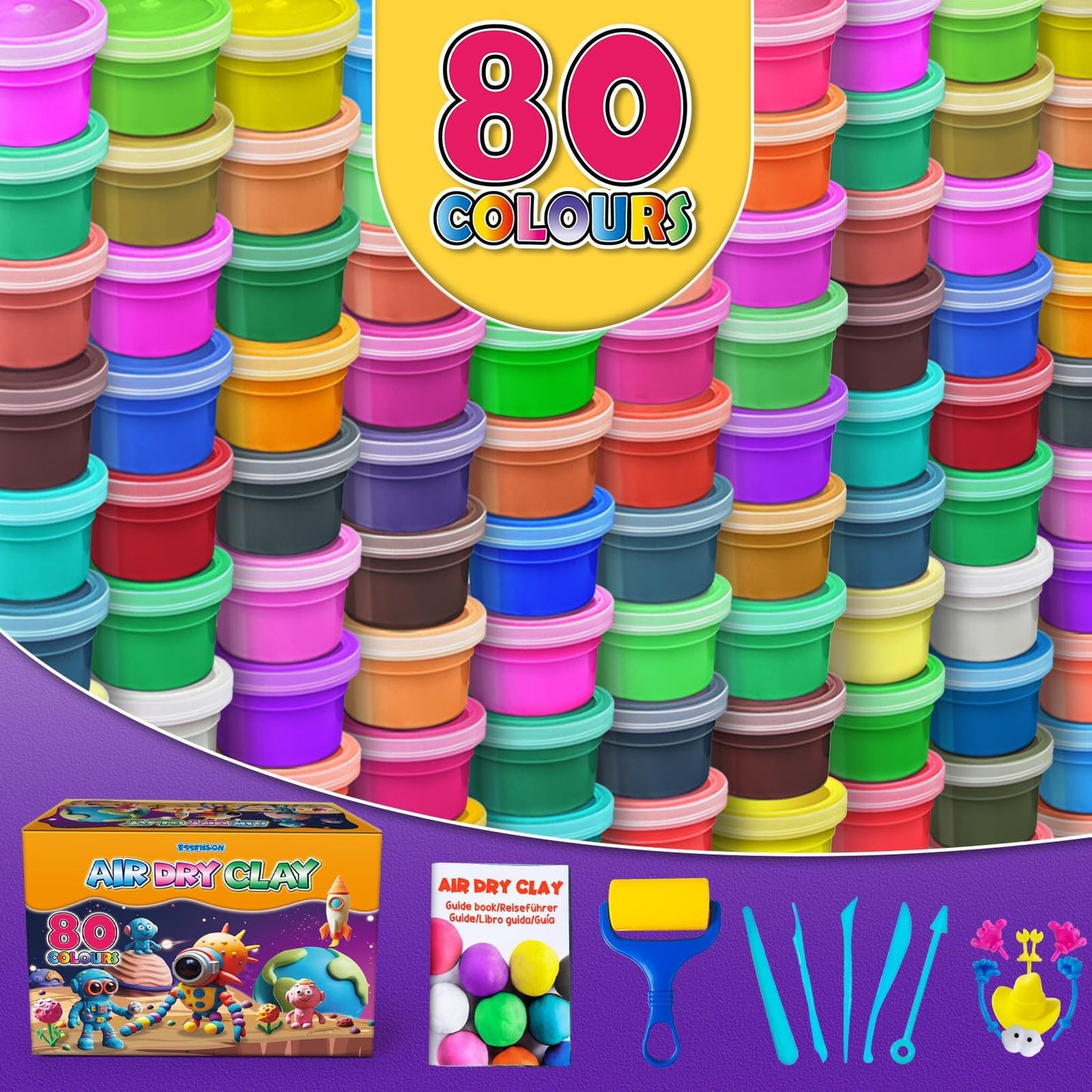 ESSENSON Air Dry Clay – 80 Colors Modeling Kit for Kids | Tools & Accessories Included