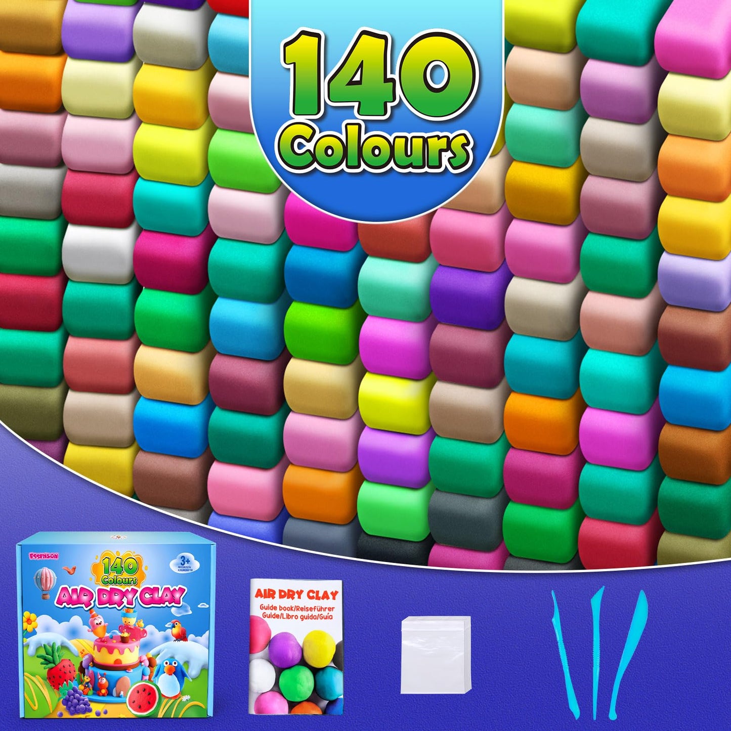 Essenson Air Dry Clay 140 Colors | Modeling Clay for Kids – No Bake, Quick-Dry Craft Kit