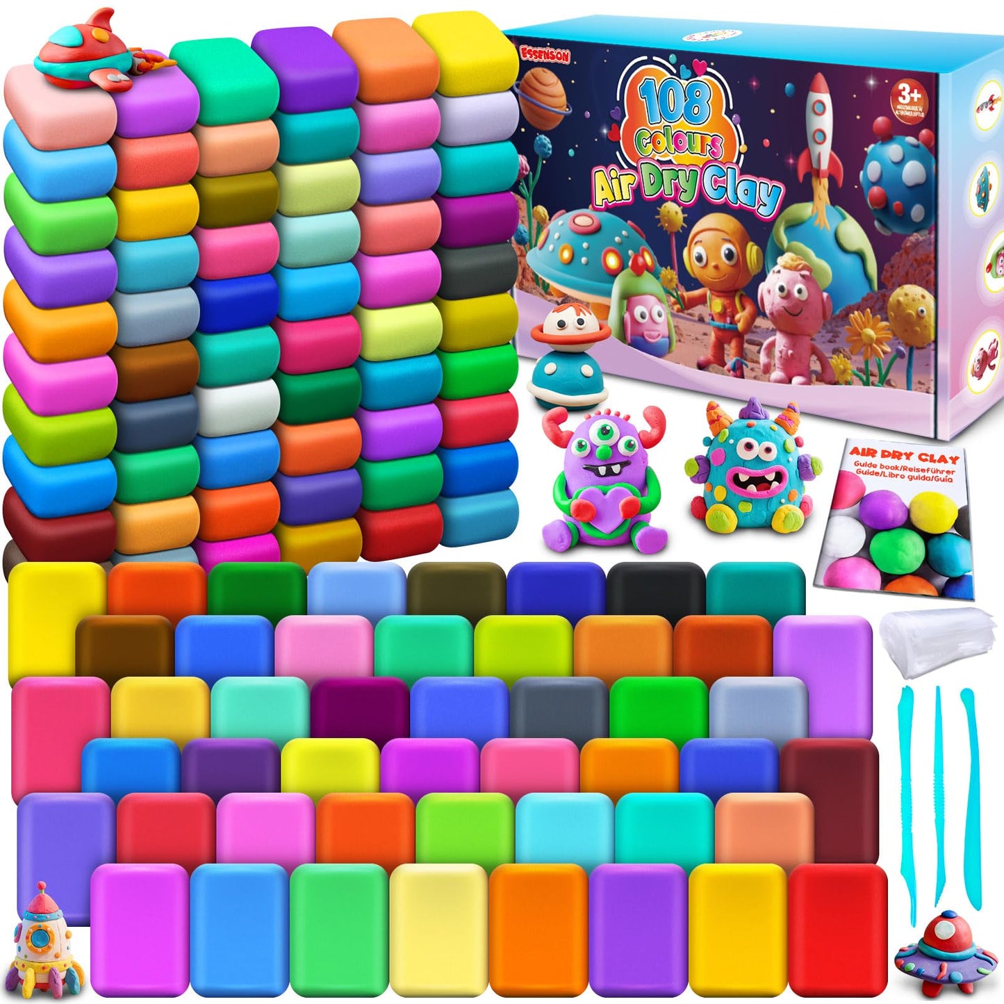 ESSENSON Magic Clay – 108-Color Air Dry Clay for Kids with Tools | Soft & Ultra Light
