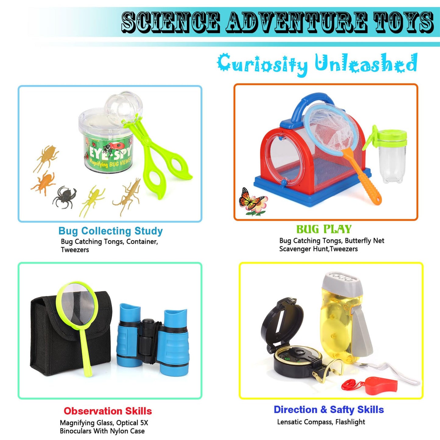 ESSENSON Outdoor Explorer Kit & Bug Catcher Kit – Binoculars, Compass, Magnifying Glass, Critter Case | Kids Gift 3-12