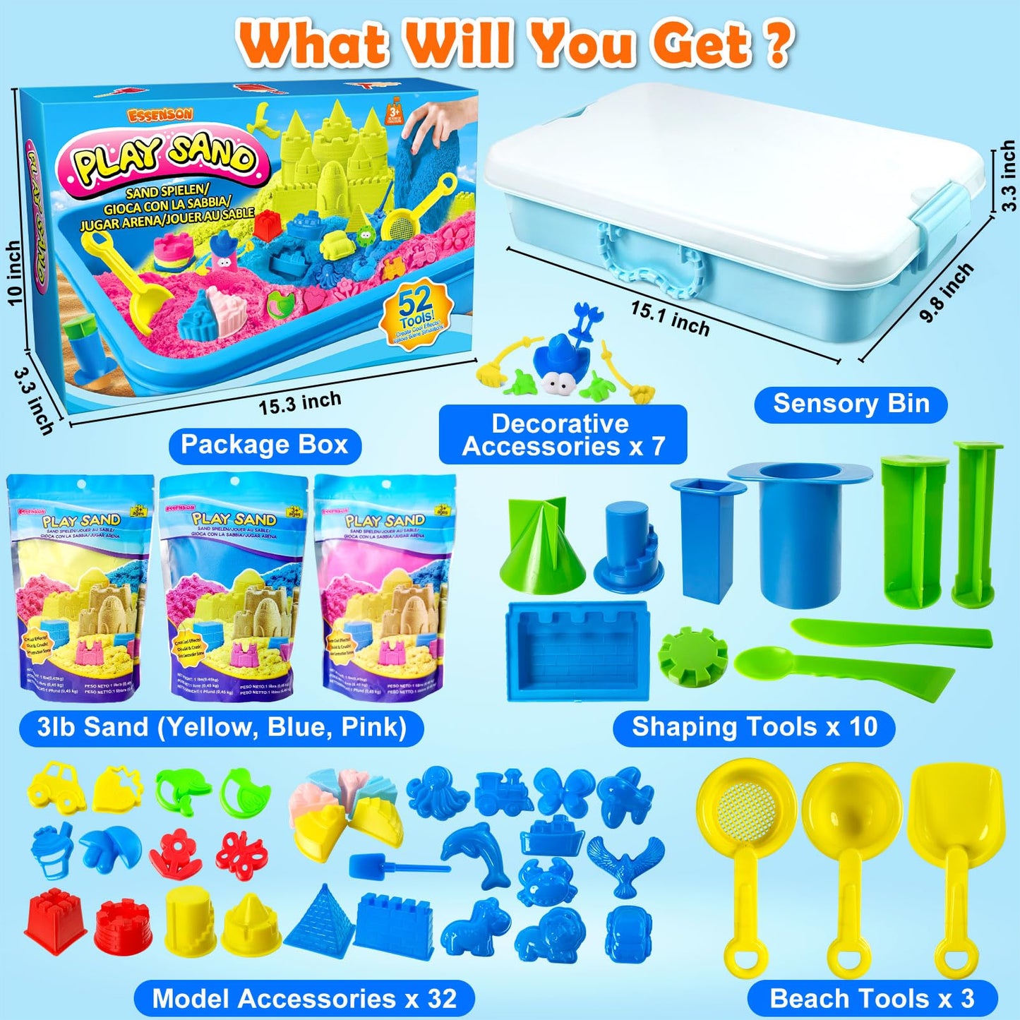 ESSENSON Sensory Bin: 52-Piece Sand Kit with 3lbs Magical Sand & Castle Molds