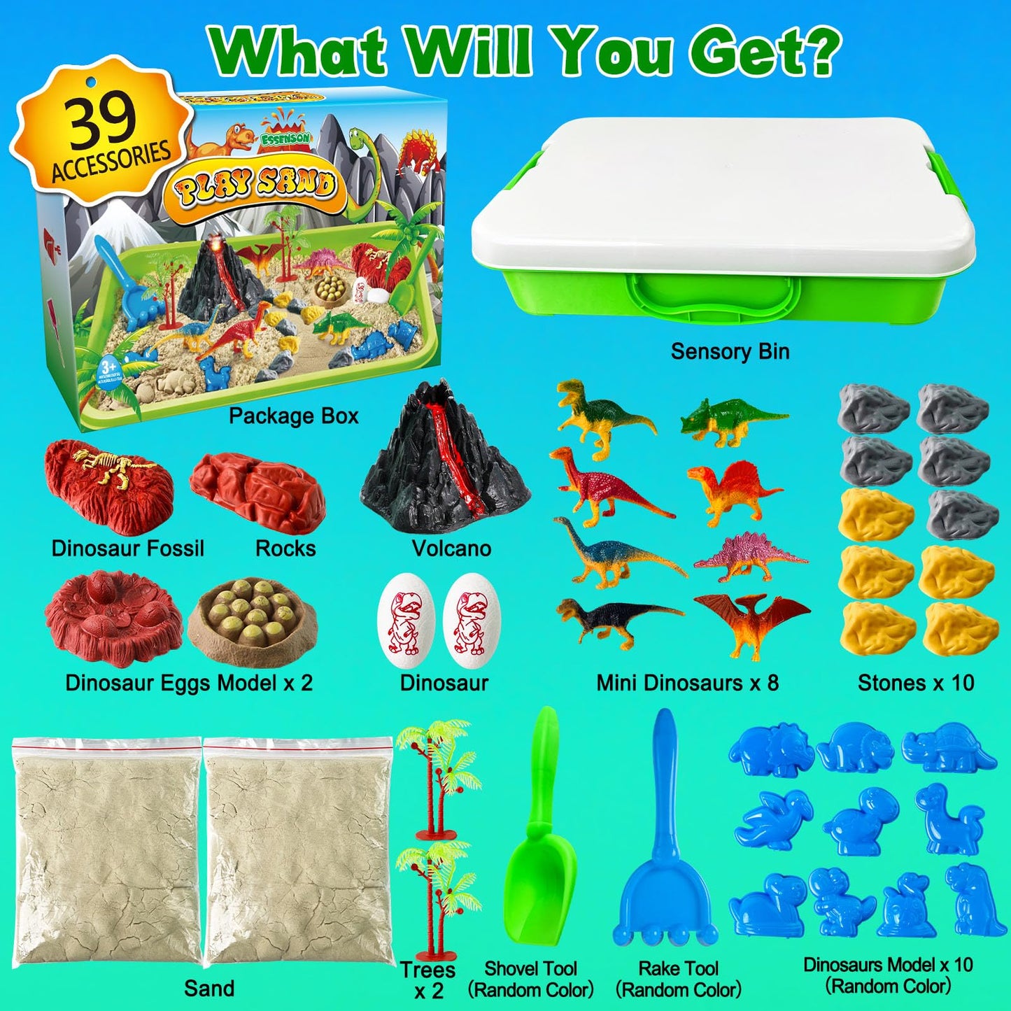 Essenson Sensory Bin: Dinosaurs Kit with Sensory Sand for Imaginative Sandbox Play