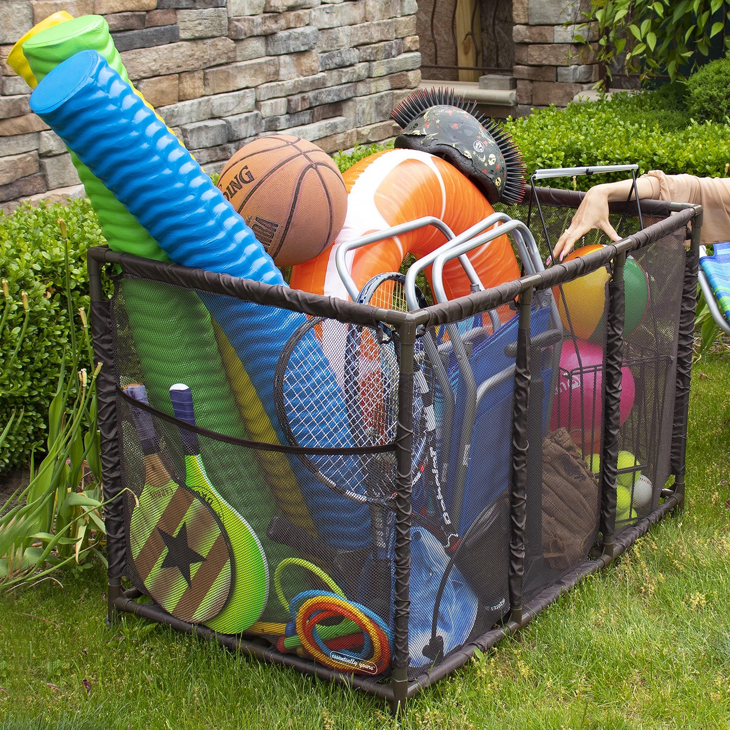 Essentially Yours Pool Noodles Holder – Large Mesh Rolling Storage Bin, Brown (563009)
