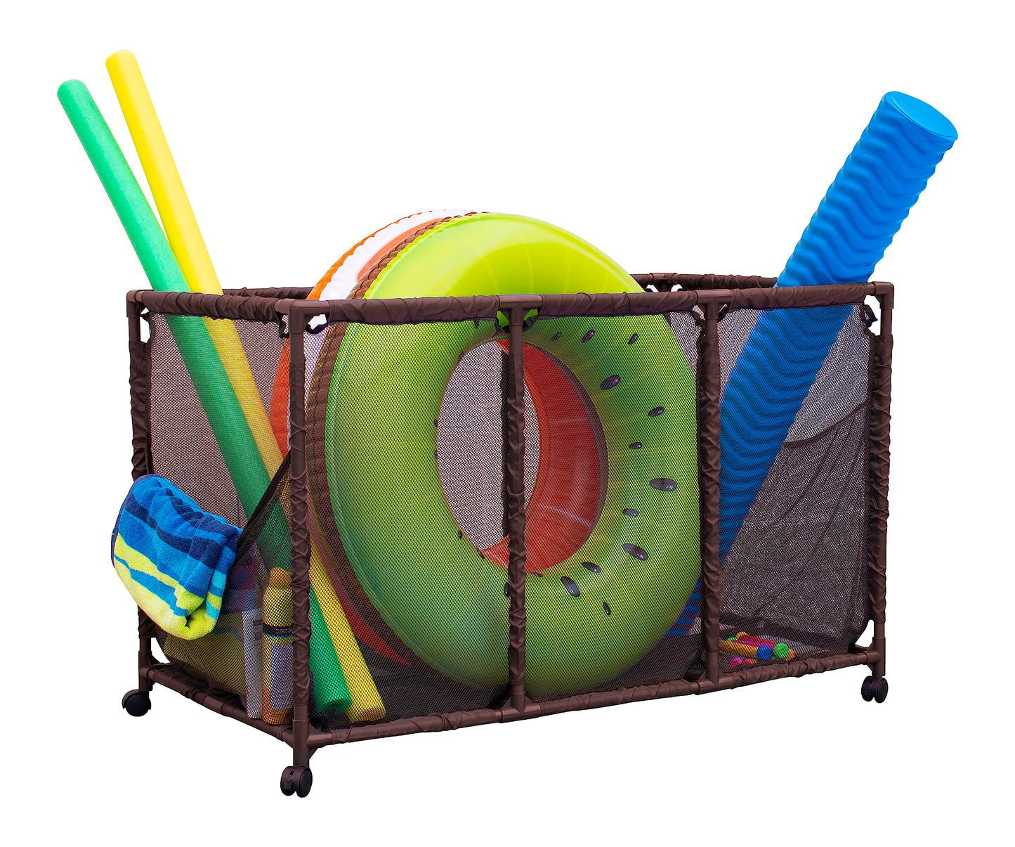 Essentially Yours Pool Noodles Holder – Large Mesh Rolling Storage Bin, Brown (563009)