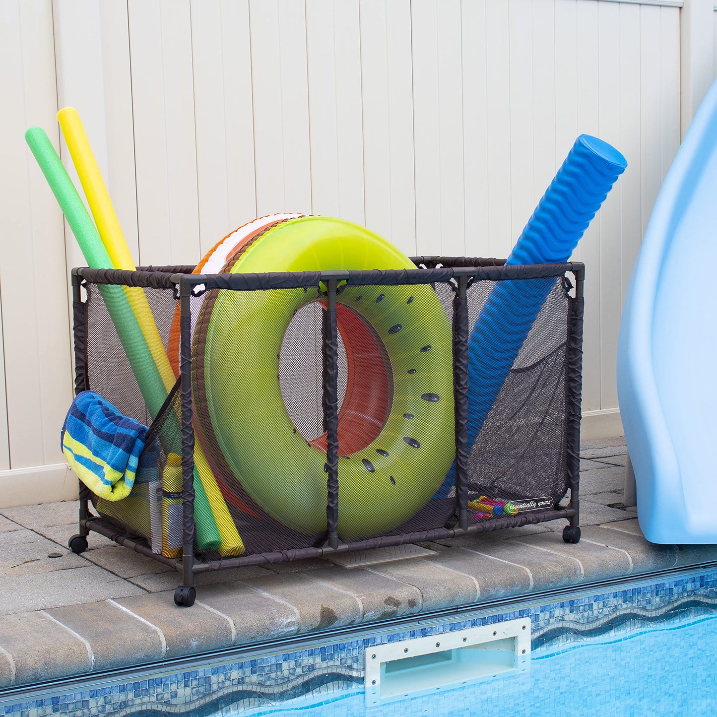Essentially Yours Pool Noodles Holder – Large Mesh Rolling Storage Bin, Brown (563009)