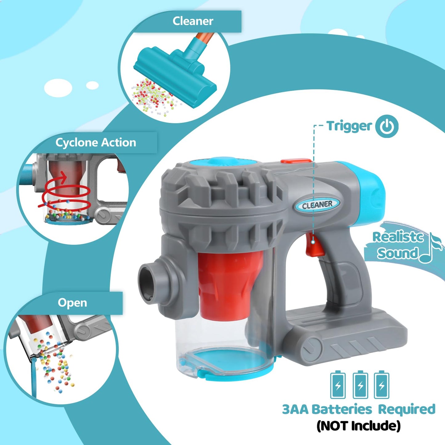 Essovee 3-in-1 Kids Vacuum Toy with Realistic Suction – Educational Role Play Vacuum for Toddlers (Blue)