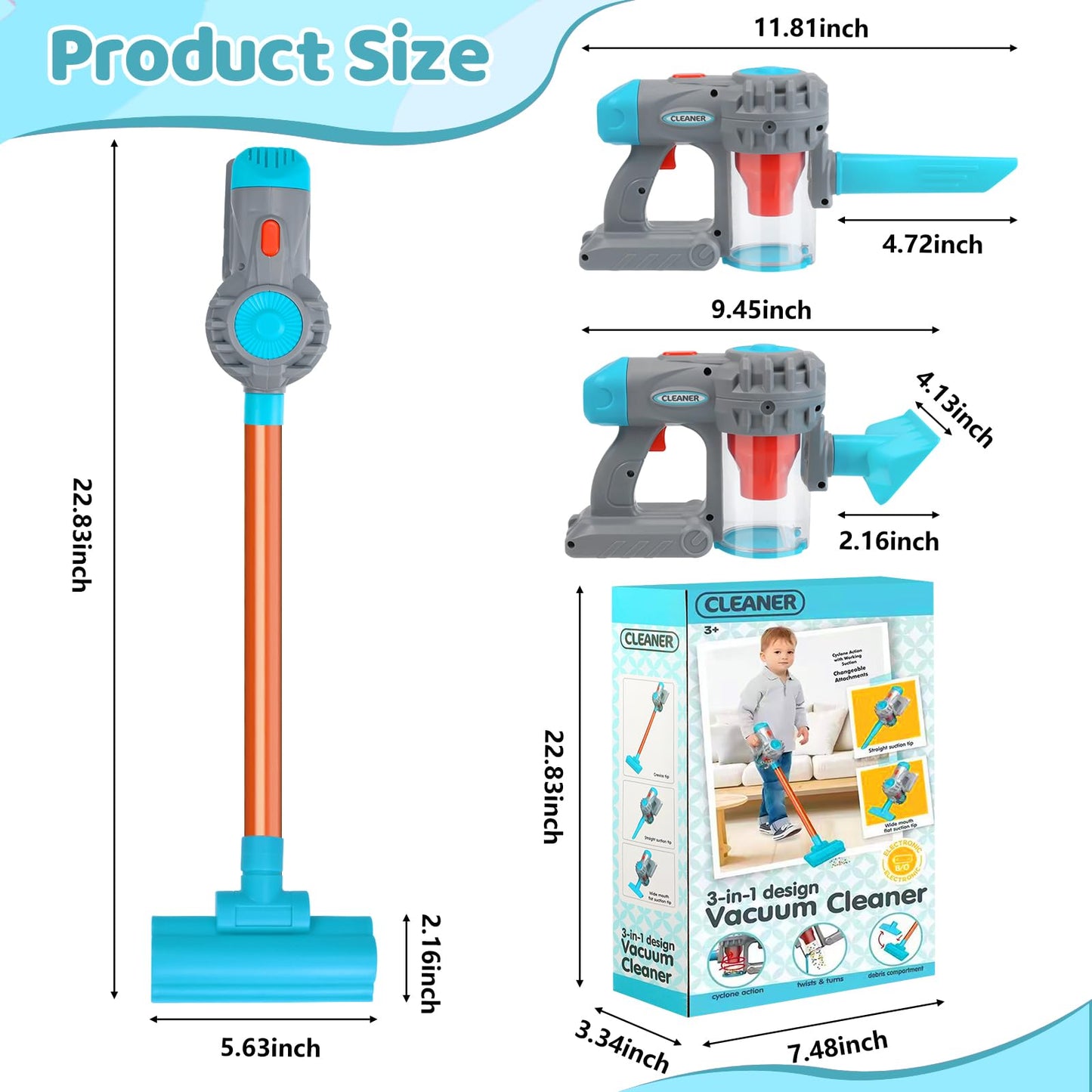 Essovee 3-in-1 Kids Vacuum Toy with Realistic Suction – Educational Role Play Vacuum for Toddlers (Blue)