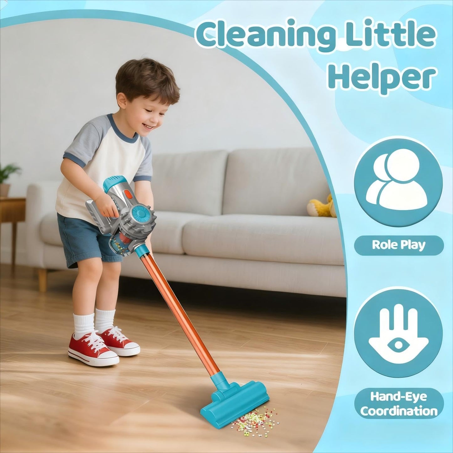 Essovee 3-in-1 Kids Vacuum Toy with Realistic Suction – Educational Role Play Vacuum for Toddlers (Blue)