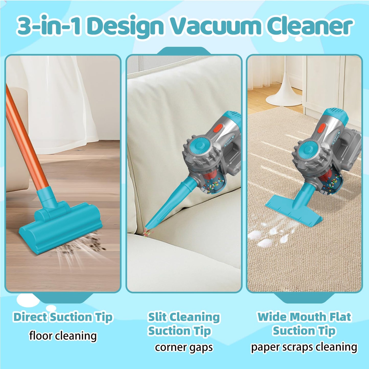 Essovee 3-in-1 Kids Vacuum Toy with Realistic Suction – Educational Role Play Vacuum for Toddlers (Blue)