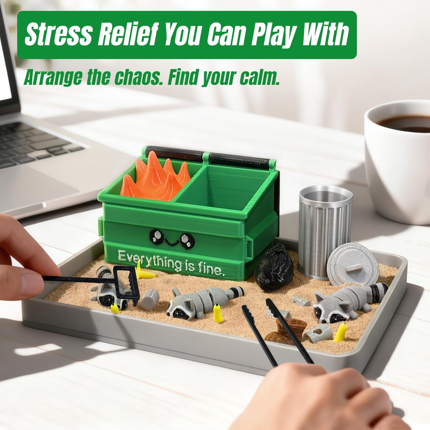 Estairkas Dumpster Fire Zen Garden for Desk Decor — Funny Office Zen Kit, Stress-Relief Sandbox, Coworker Gift