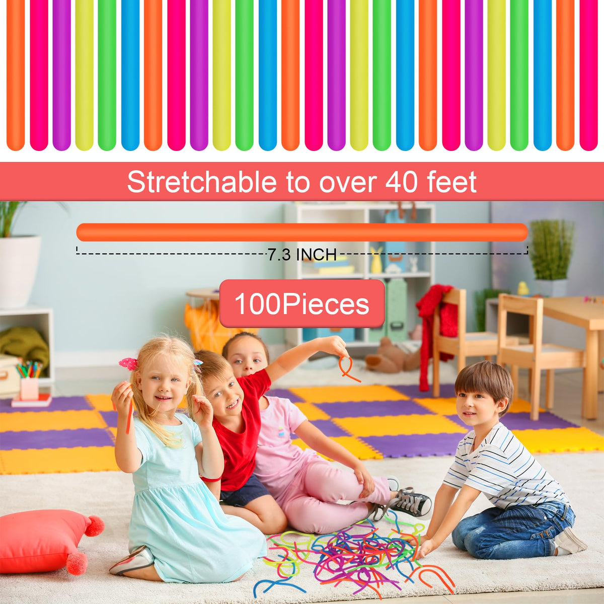 Estimable 100 PCS Colorful Stretchy Fidget Strings – Sensory Toy Pack for Classroom Prizes & Party Favors