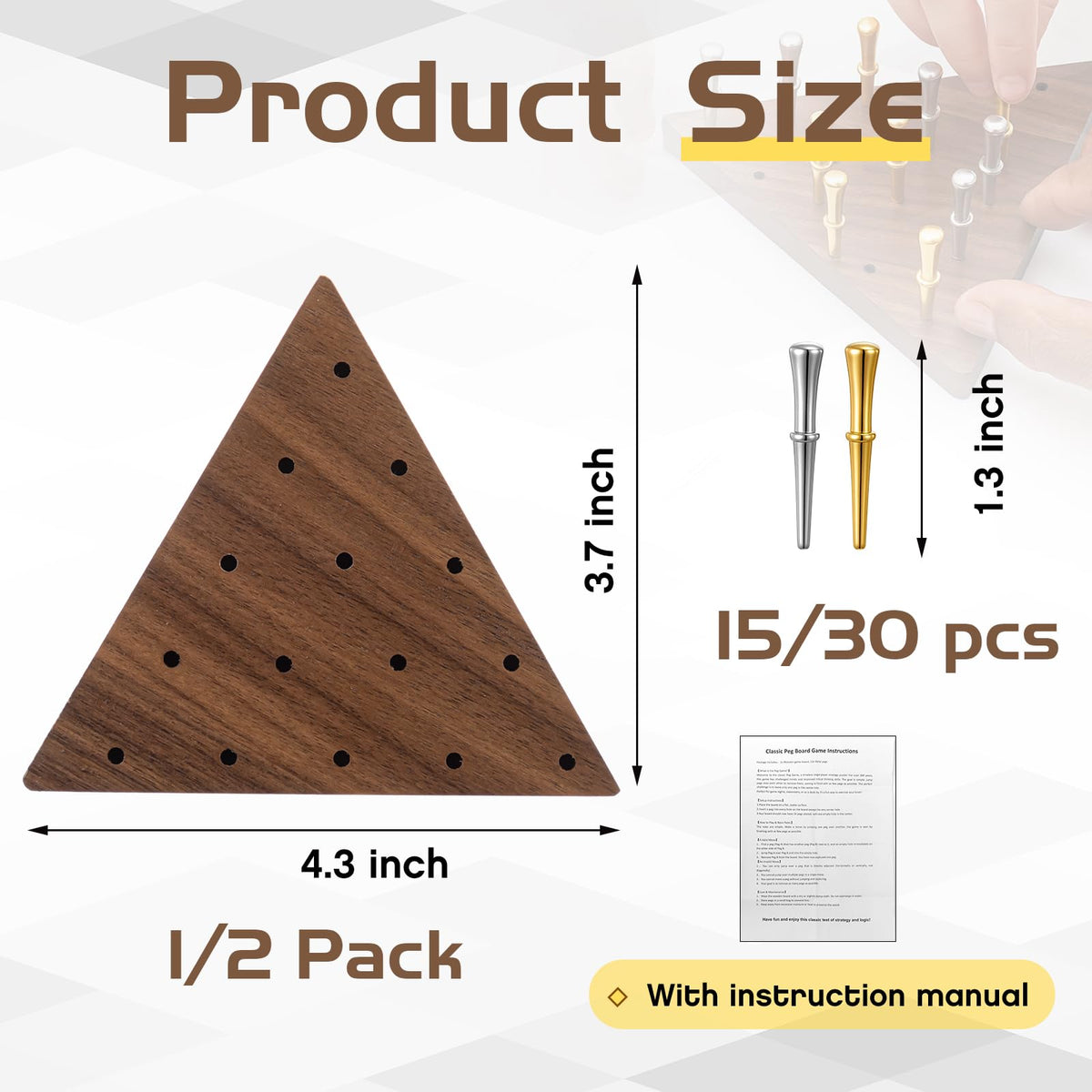 Estune Walnut Triangle Peg Game – 4.3-inch Portable Wood Board with Storage Bag