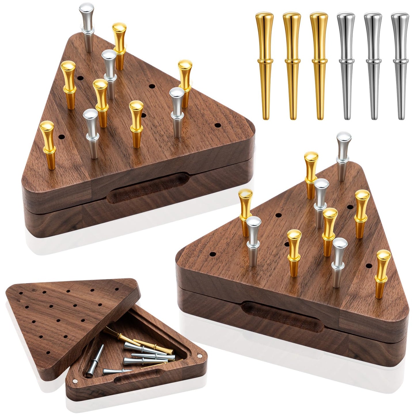 Estune 2 Set Walnut Tricky Triangle Peg Game – Portable 4.3-Inch Triangular Board with Magnetic Storage