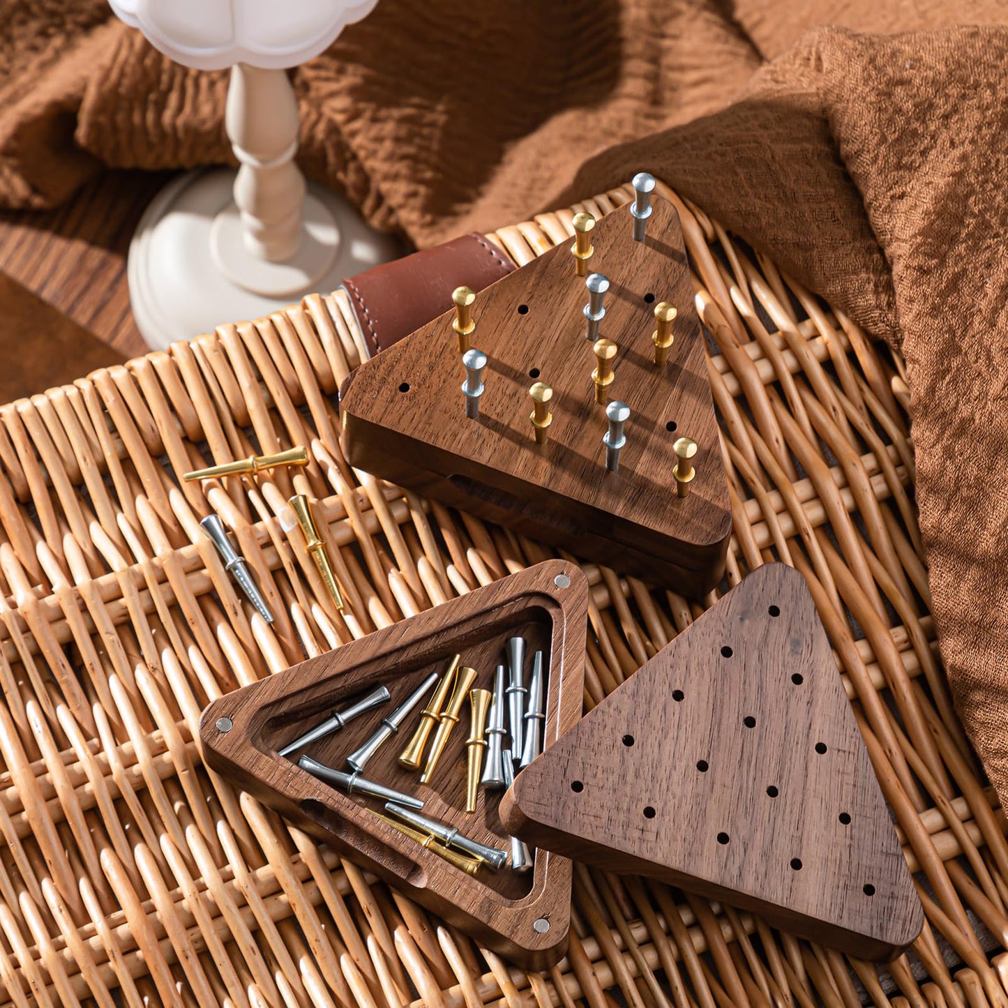 Estune 2 Set Walnut Tricky Triangle Peg Game – Portable 4.3-Inch Triangular Board with Magnetic Storage