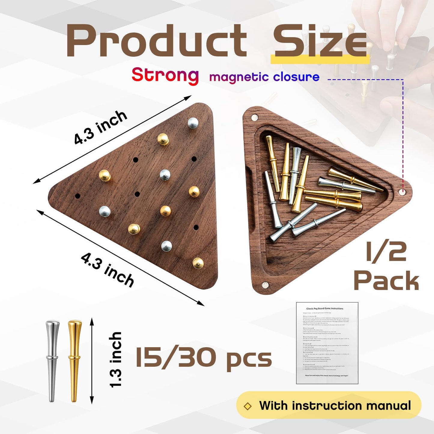 Estune 2 Set Walnut Tricky Triangle Peg Game – Portable 4.3-Inch Triangular Board with Magnetic Storage