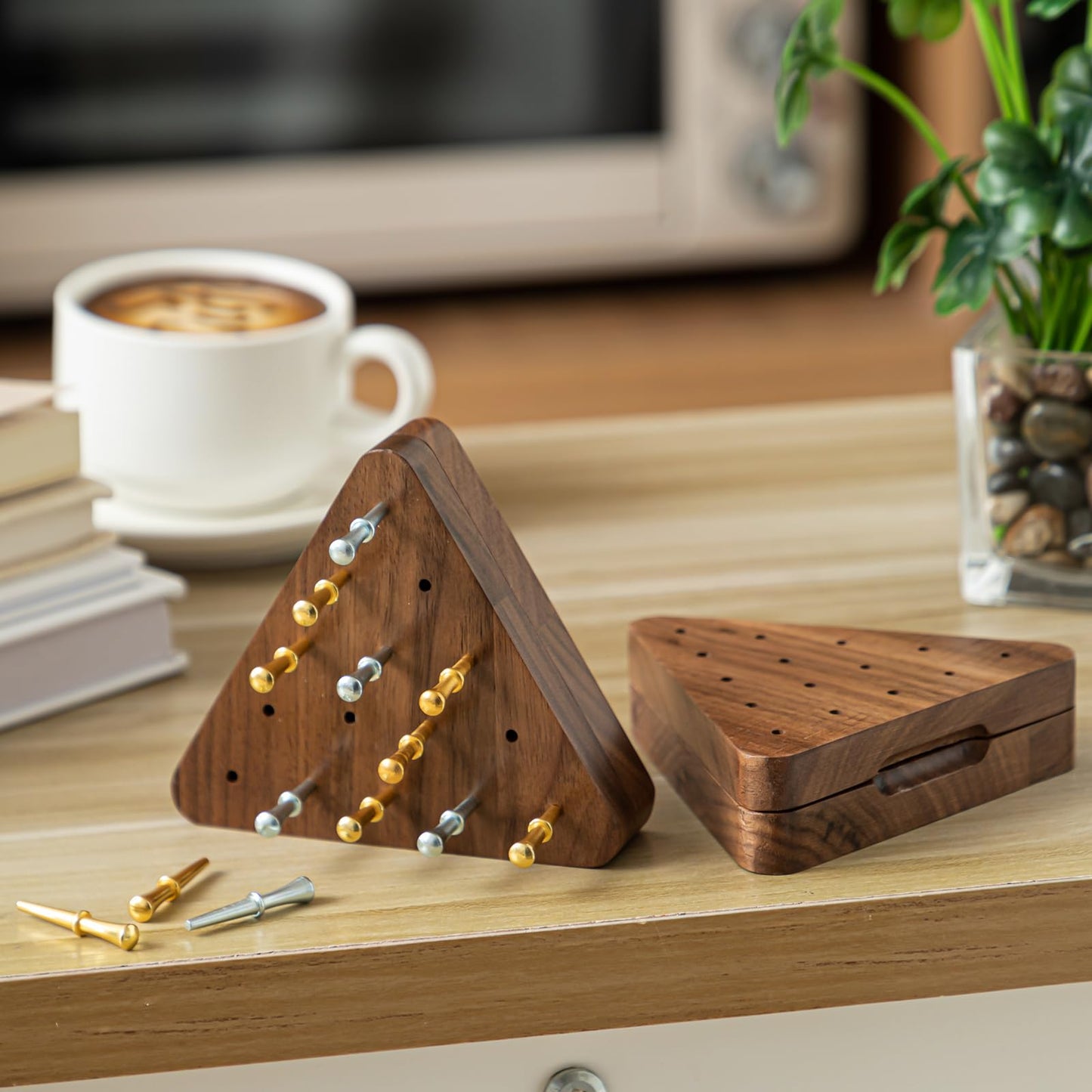 Estune 2 Set Walnut Tricky Triangle Peg Game – Portable 4.3-Inch Triangular Board with Magnetic Storage