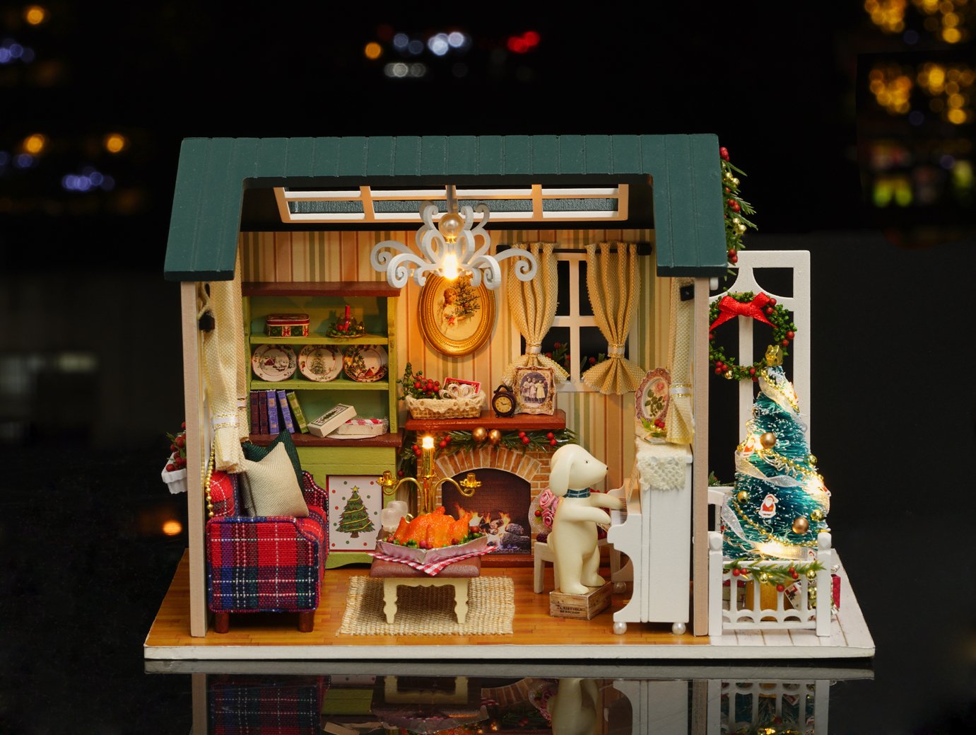 ESTUSR Christmas DIY Dollhouse Kit: Wooden Mini House with LED Lights & Accessories