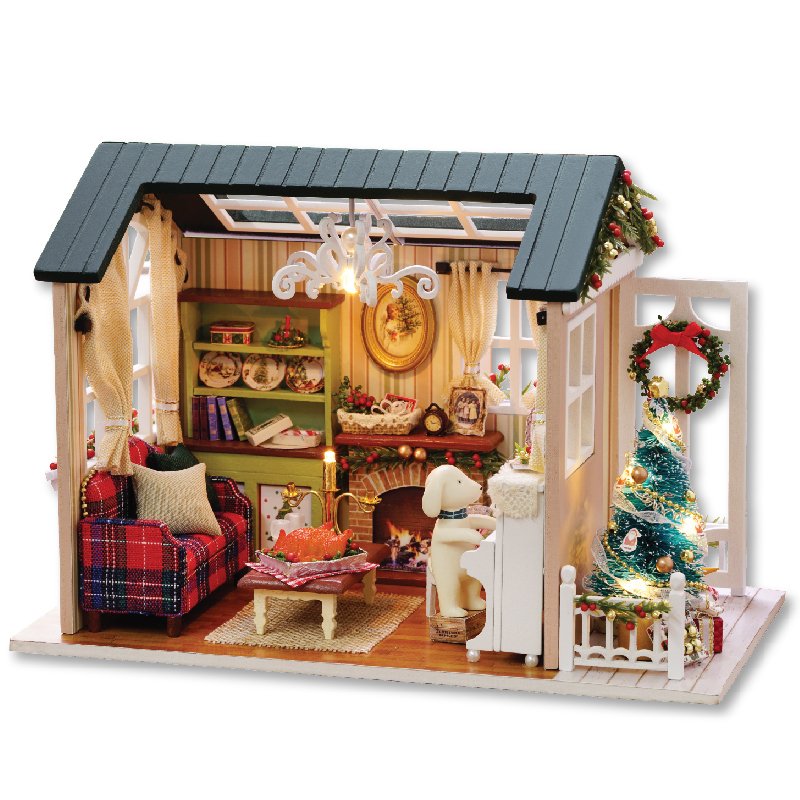 ESTUSR Christmas DIY Dollhouse Kit: Wooden Mini House with LED Lights & Accessories