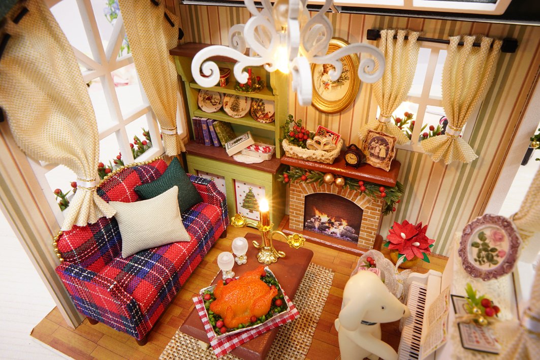 ESTUSR Christmas DIY Dollhouse Kit: Wooden Mini House with LED Lights & Accessories