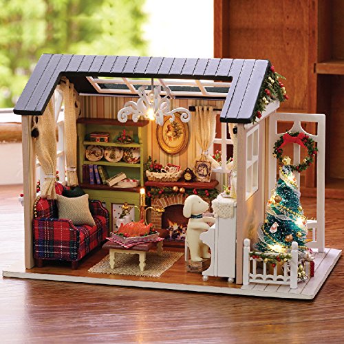 ESTUSR Christmas DIY Dollhouse Kit: Wooden Mini House with LED Lights & Accessories