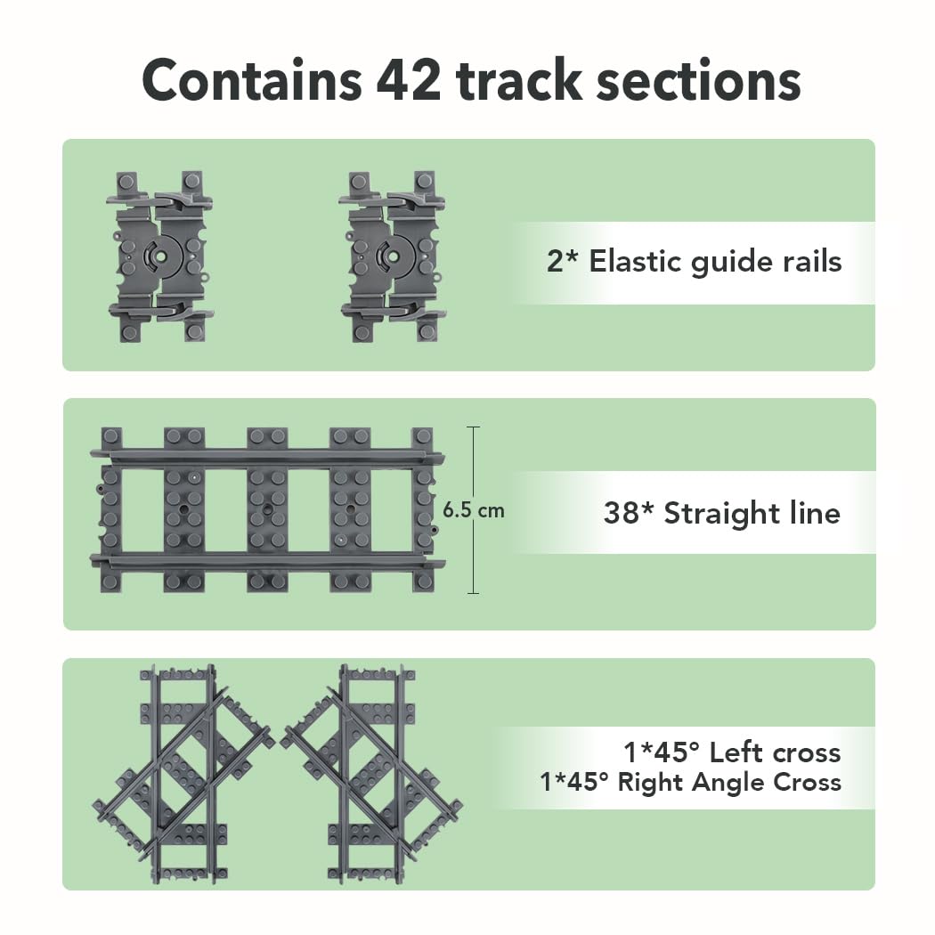 Etarnfly 42PCS City Train Tracks – 38 Straights, 2 Left-Right 45° Intersections, 2 Flexible Rails – Compatible with All Major Brands