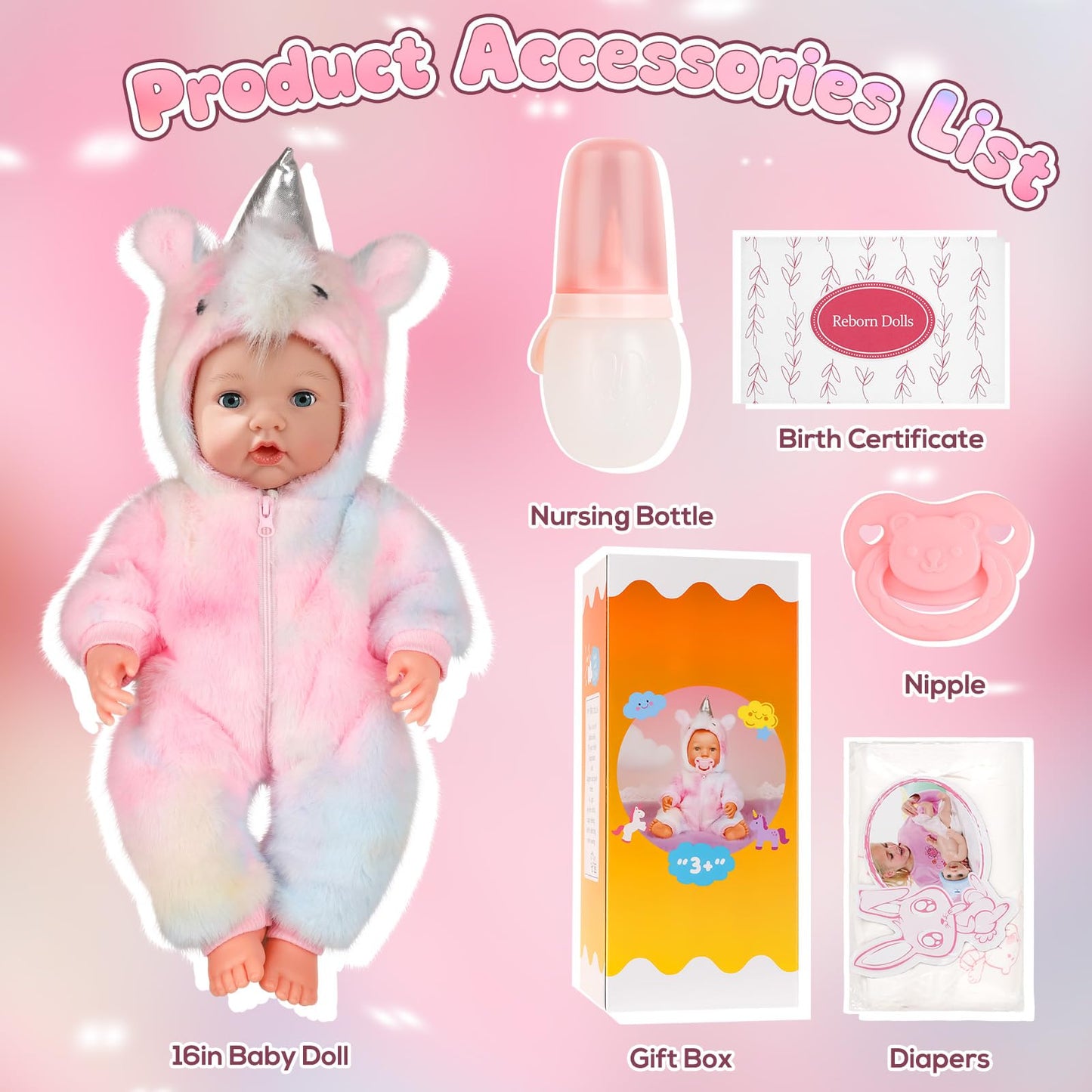 Eterfun 17-Inch Realistic Baby Doll – Lifelike Soft Body Toy with Bottle, Pacifier, Diapers